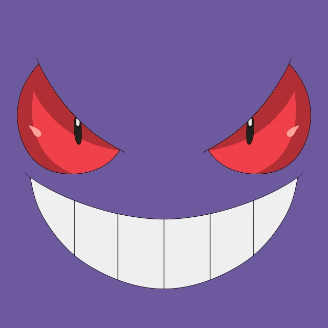 a close up of an evil face on a purple background, vector art, style of pokemon, red eyed, wide smile, pokemon anime style