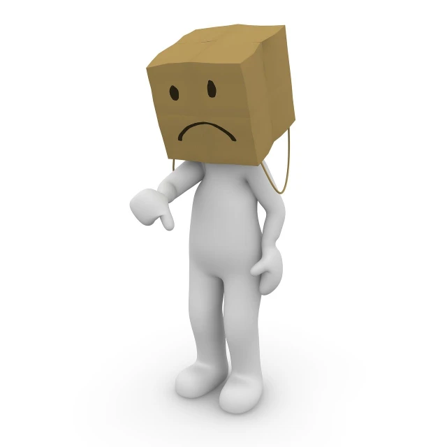 a person with a cardboard box on his head, a picture, trending on pixabay, figuration libre, a sad cheese puppet, low quality 3d model, bag, very sad emotion