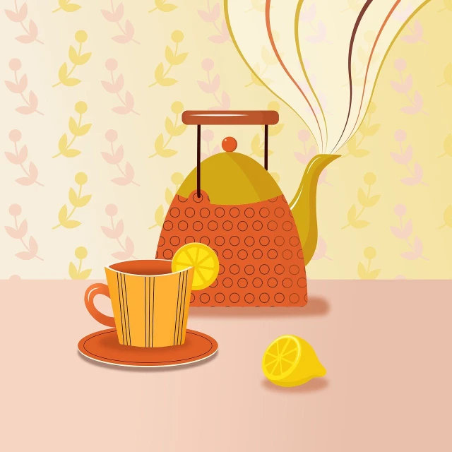 a teapot and a cup of tea on a table, vector art, yellow and orange color scheme, it has lemon skin texture, trend on behance illustration