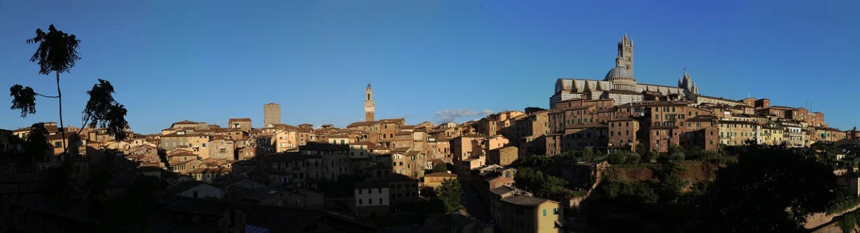 a view of a city from the top of a hill, a portrait, by Antonio Saura, flickr, sienna, square, late summer evening, dante