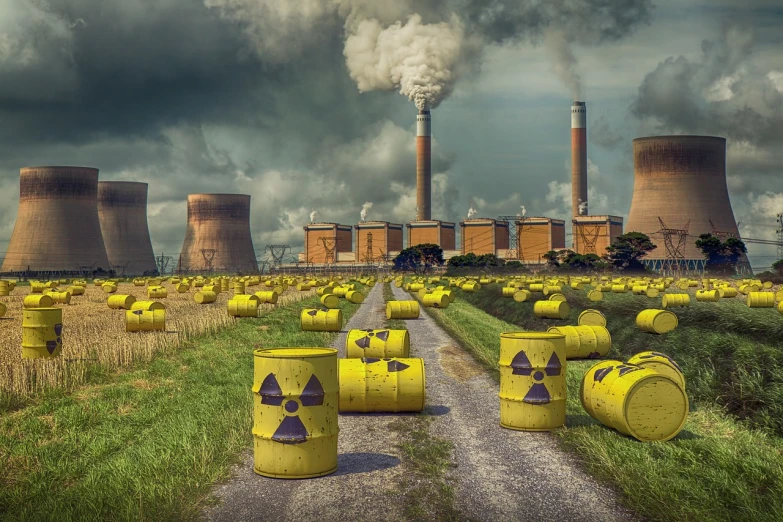 a field full of yellow barrels with smoke coming out of them, pixabay, nuclear art, ruins around, brown, carbon, a green