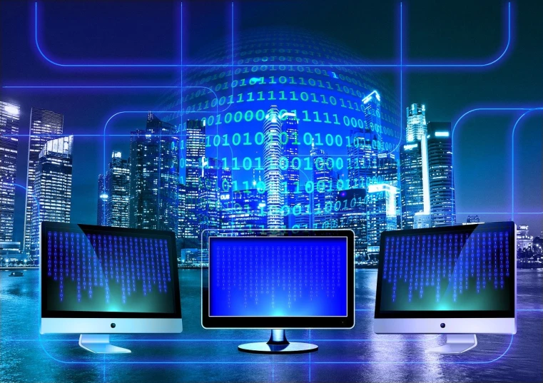 three computer monitors sitting on top of a table, a computer rendering, pixabay, computer art, cybernetic city background, matrix code, ethernet cable, is a stunning
