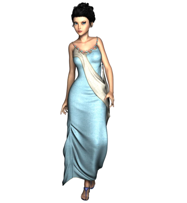 a woman in a blue dress posing for a picture, a 3D render, inspired by Romano Vio, wearing an evening gown, chell from portal, athena, [[fantasy]]