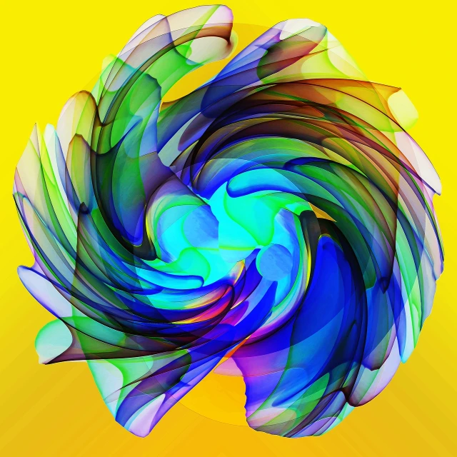 a colorful swirl on a yellow background, digital art, inspired by Konrad Klapheck, 3 d raytraced masterpiece, portrait shot, blue and yellow color theme, digital art animal photo