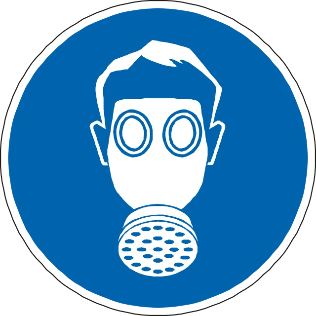 a blue and white sign with a man wearing a gas mask, a picture, pixabay, plasticien, round, face icon, powder, neck