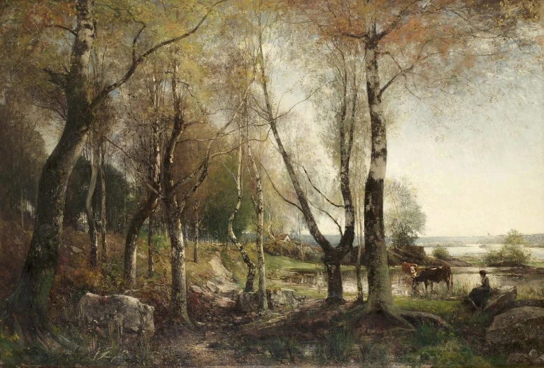 a painting of cows grazing in a wooded area, by Henri Harpignies, shutterstock, tonalism, birch swamp, 1850, early spring, mihaly munkacsy