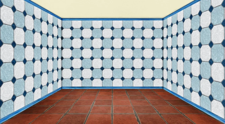 a room with blue and white tiles on the walls, a digital rendering, trending on pixabay, terracotta, squared border, avatar image, bumps