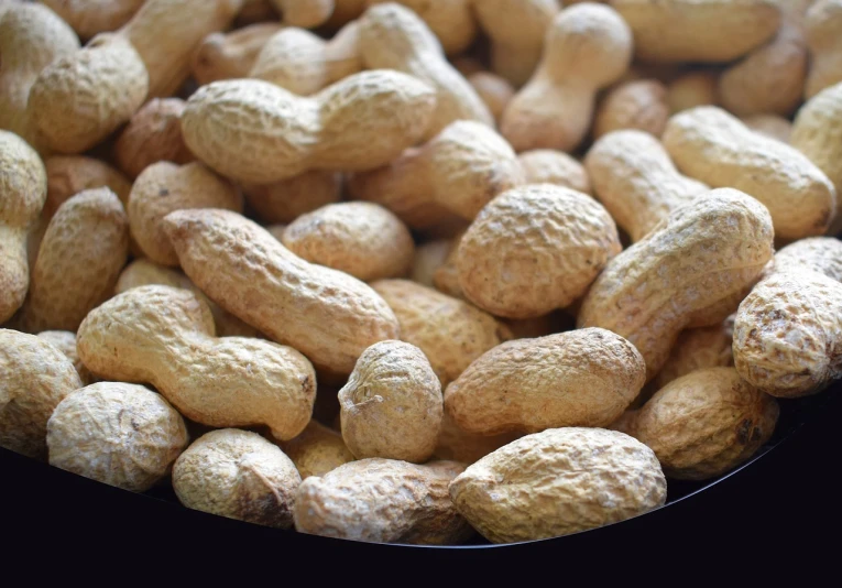 a bowl filled with peanuts sitting on top of a table, by Caroline Mytinger, high detail product photo, with a black background, closeup photo, hergé