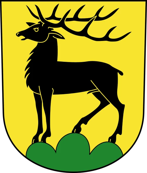 a stag standing on top of a lush green field, by Herb Aach, shutterstock, art nouveau, coat of arms, black. yellow, 1128x191 resolution, kerberos panzer