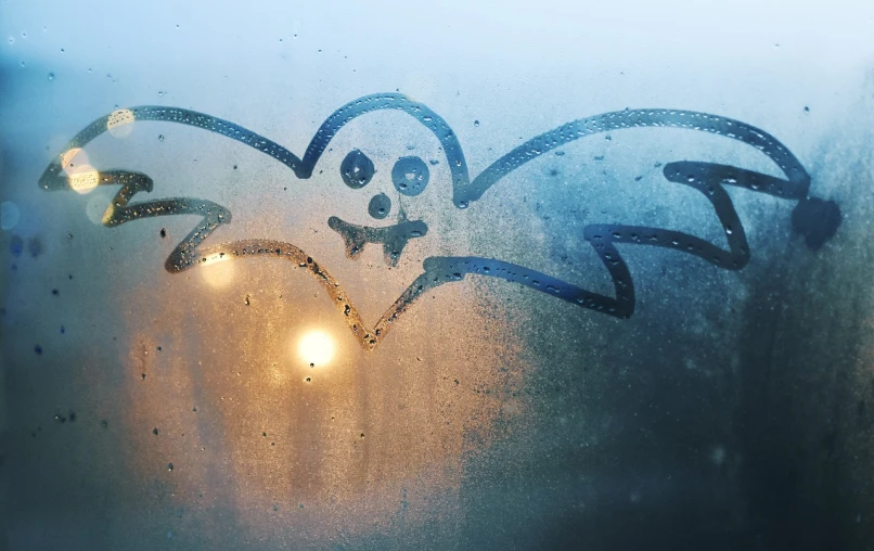 a window with a drawing of a skeleton on it, a cartoon, by Adam Szentpétery, pixabay, graffiti, sweaty. steam in air, bat nose, early morning mood, closeup photo