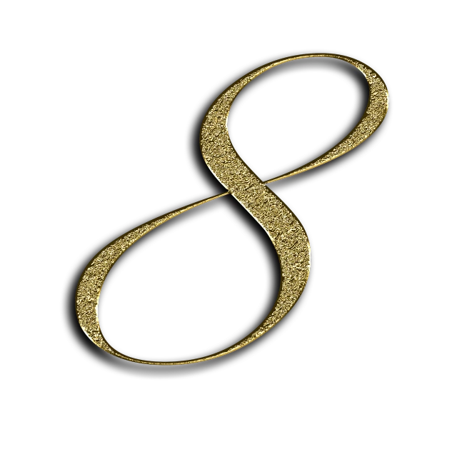 a gold number eight on a black background, a stipple, digital art, simple path traced, jewellery, sickle, infinity