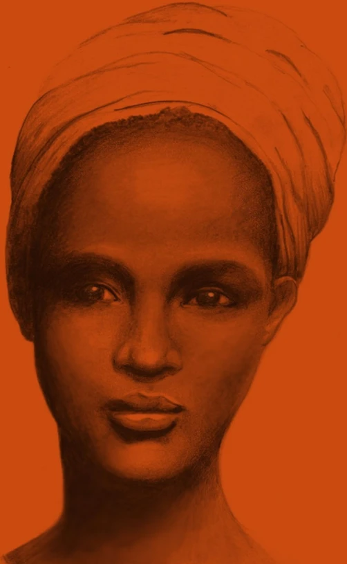 a drawing of a woman with a turban on her head, a digital rendering, by Juan O'Gorman, orange tone, somali woman, photo courtesy museum of art, detail