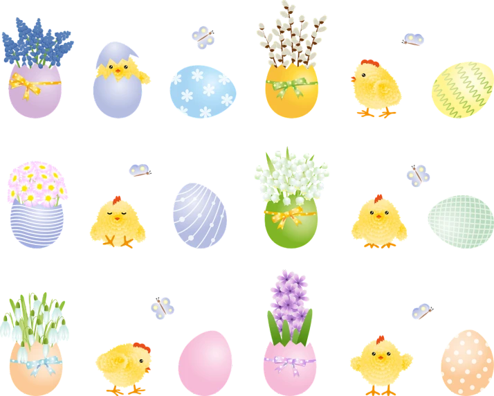 a bunch of different colored easter eggs on a black background, by Marie Bashkirtseff, sōsaku hanga, with familiar sprites, with chicks, flowery wallpaper, cute pockets