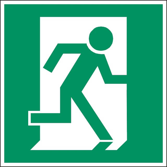 a green fire exit sign with a man running up the stairs, a picture, by Ernő Grünbaum, pixabay, mingei, 3 2 x 3 2, about to enter doorframe, accidents, wikimedia