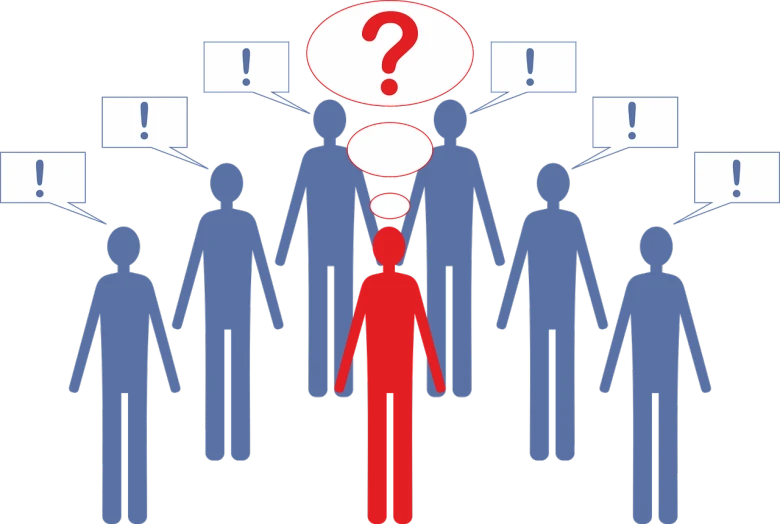 a person standing in front of a group of people, a cartoon, by Allen Jones, pixabay, digital art, confused, one is red, facebook post, missing panels