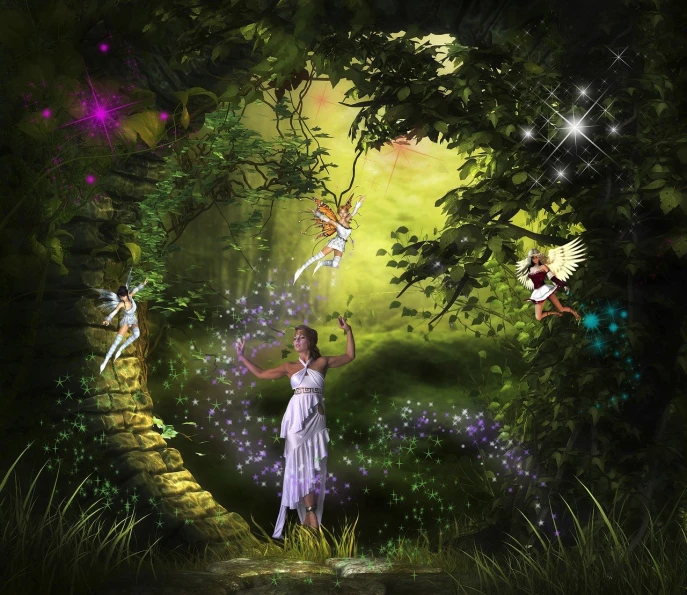 a woman in a white dress standing in a forest, a storybook illustration, inspired by Alison Kinnaird, pixabay contest winner, fantasy art, jungle vines and fireflies, stunning 3d render of a fairy, fairy dancing, with magical creatures