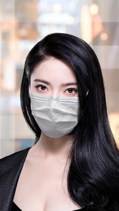 a woman with long black hair wearing a face mask, a portrait, by Ni Yuanlu, shutterstock, surgical supplies, white soft leather model, 2 colors, 720p