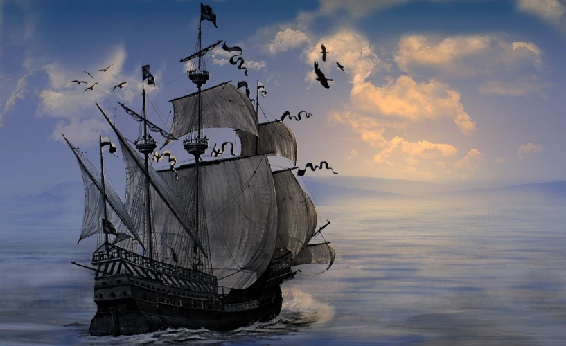 a large boat floating on top of a body of water, a digital rendering, by Robert Bryden, pixabay contest winner, renaissance, on a pirate ship, raven, ships with sails, istock