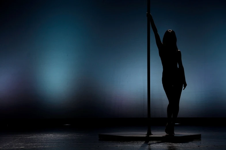 a woman standing on a pole in the dark, pixabay, arabesque, stage background, grind, cane, sports photo