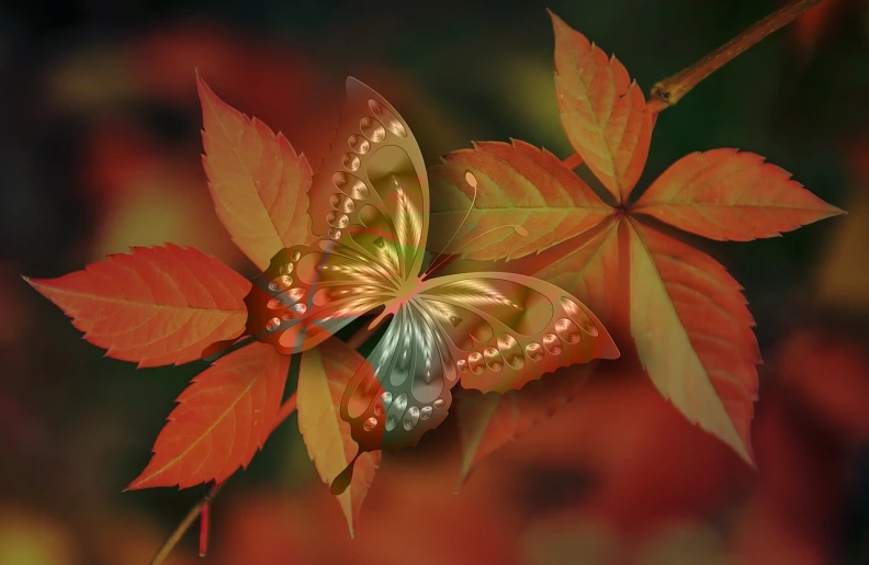 a close up of a leaf with a butterfly on it, a digital rendering, by Susan Heidi, pixabay, digital art, hair becoming autumn red leaves, flowers and butterflies, in an evening autumn forest, beautifully symmetrical