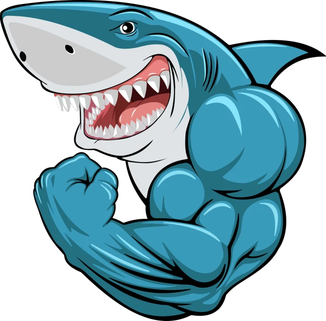 a cartoon shark flexing his muscles, an illustration of, shutterstock, digital art, with a black background, clean and pristine design, mma, steroid use