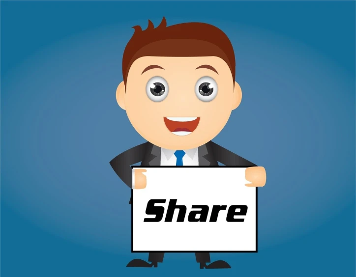 a man holding a sign that says share, a picture, by Harry Beckhoff, trending on pixabay, flat cel shaded, 😃😀😄☺🙃😉😗, sharp shapes, business
