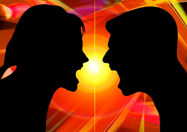 two silhouettes of a man and a woman facing each other, by Julian Allen, trending on pixabay, vibrant shading, showdown, suns, speech