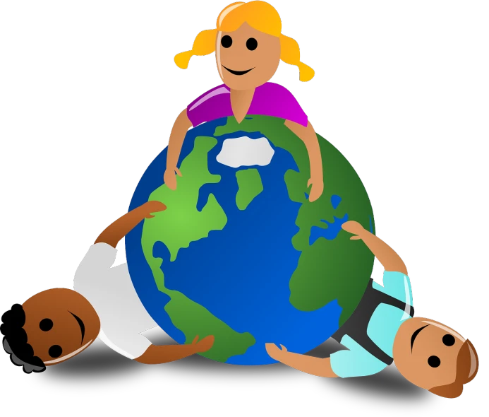a group of children holding a globe together, a picture, pixabay, visual art, three head one body, sitting, cartoon image, no duplicate image