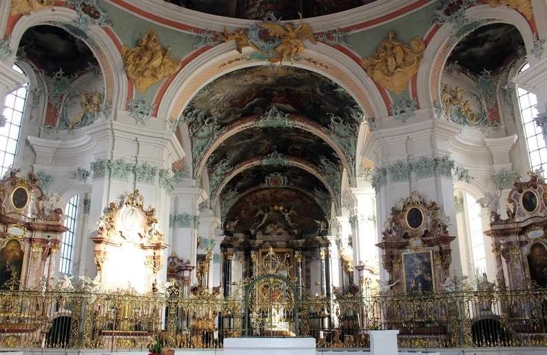 the interior of an ornately decorated church, a picture, by Georg Friedrich Schmidt, flickr, baroque, white church background, alps, ham, with archways