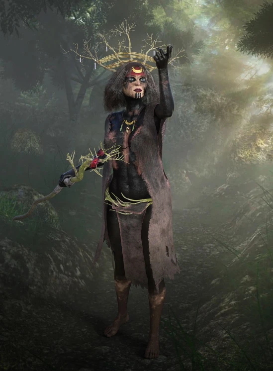 a person standing in the middle of a forest, inspired by Kailash Chandra Meher, zbrush central contest winner, afrofuturism, 3 d render of a shaman, black jesus, dressed as a scavenger, painted in the style arcane