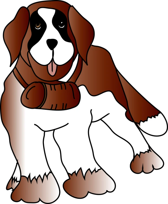 a brown and white dog wearing a scarf, a digital rendering, inspired by Nyuju Stumpy Brown, pixabay, sōsaku hanga, thick outlines, black and brown, big foot, brown:-2