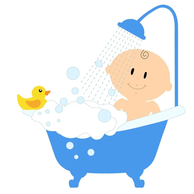 a baby in a bathtub with a rubber duck, a picture, aquapunk, under a shower, no background, flat