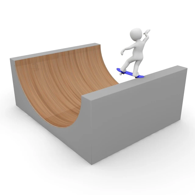 a man riding a skateboard up the side of a ramp, a picture, figuration libre, solidworks, white background : 3, on a wooden plate, curve