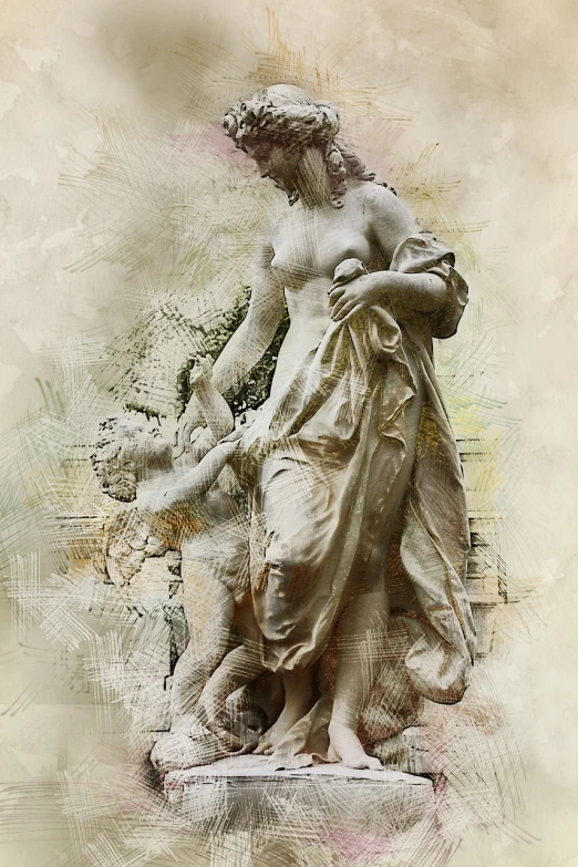 a digital painting of a statue of a woman, a statue, pixabay, vintage painting, fineartamerica, venus, statue is a fountain