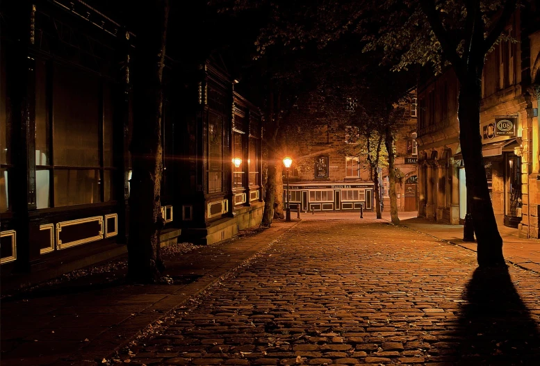 a person walking down a cobblestone street at night, by Jan Tengnagel, flickr, tonalism, ffffound, victorian harbour night, dark city bus stop, city lights made of lush trees