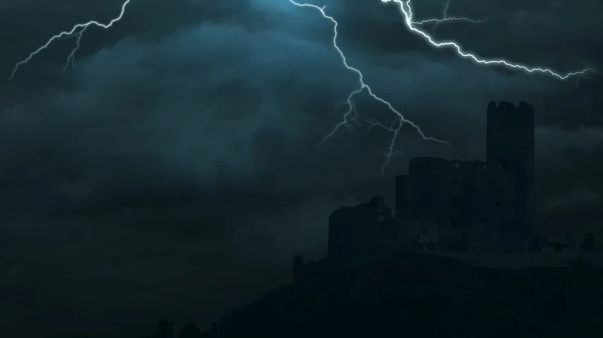 a castle sitting on top of a hill under a cloudy sky, by Adam Marczyński, lightning strike, background ( dark _ smokiness ), ad image, background image