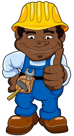 a black construction worker holding a hammer and giving a thumbs up, a stock photo, by Jakob Gauermann, shutterstock, arbeitsrat für kunst, cartoon image, istockphoto, blue overalls, high details!