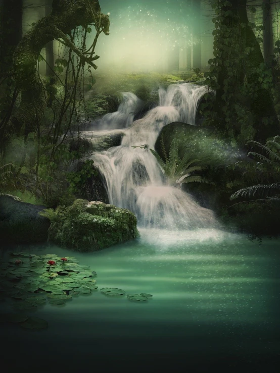 a waterfall in the middle of a lush green forest, inspired by Henri Biva, pixabay contest winner, digital art, in a misty pond, [[fantasy]], magical fairy background, (waterfall)