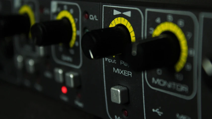 a close up of the knobs on a mixer, a picture, by Ejnar Nielsen, flickr, black and yellow scheme, medium poly, portrait n - 9, mini model