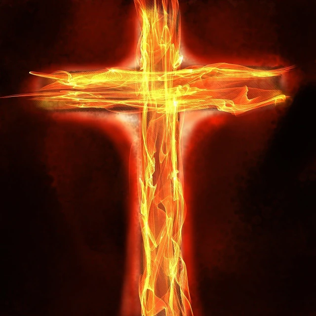 a close up of a fire cross on a black background, a digital rendering, in style of mike savad”, istockphoto, drawn with photoshop, high res photo