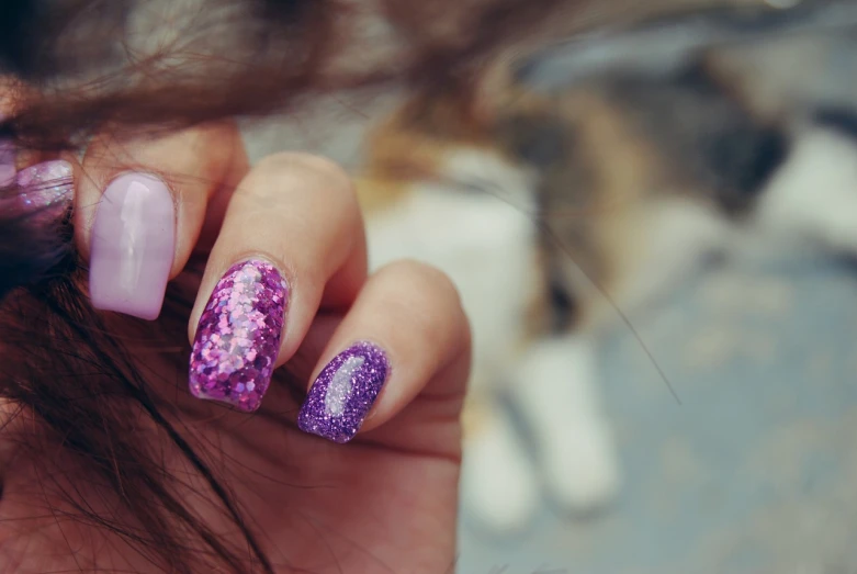 a close up of a person with a purple manicure, a stipple, pexels, cats, glitter dress, teen girl, beautiful colours