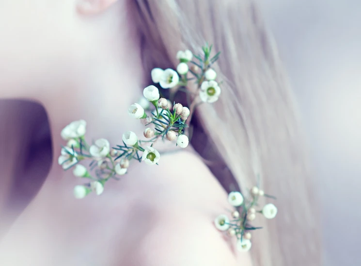 a close up of a woman with flowers in her hair, by Anna Boch, tumblr, white fractals, necklace, with soft bushes, stems