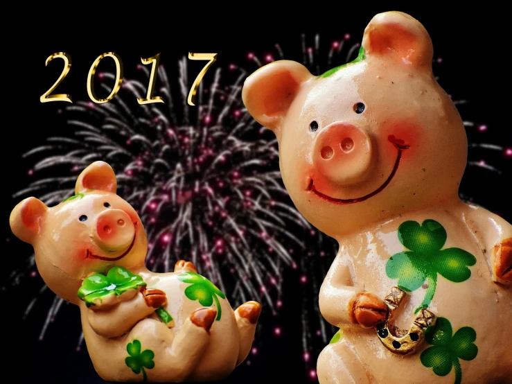 a couple of pig statues sitting next to each other, a picture, pixabay, fireworks, 2017, clover, with a happy expression