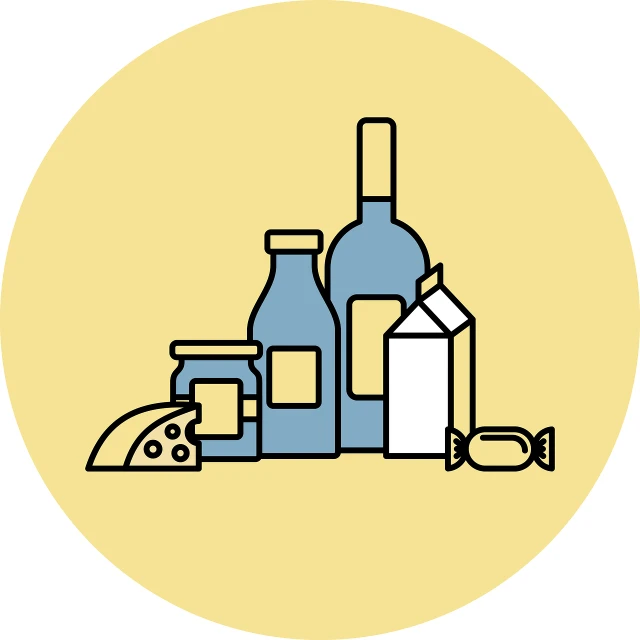 a bottle of milk and a carton of milk on a table, a picture, pixabay, conceptual art, icon pattern, flat color and line, eating cheese, circle