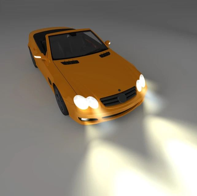 a yellow car sitting on top of a white floor, a 3D render, photorealism, very round headlights, flash photo