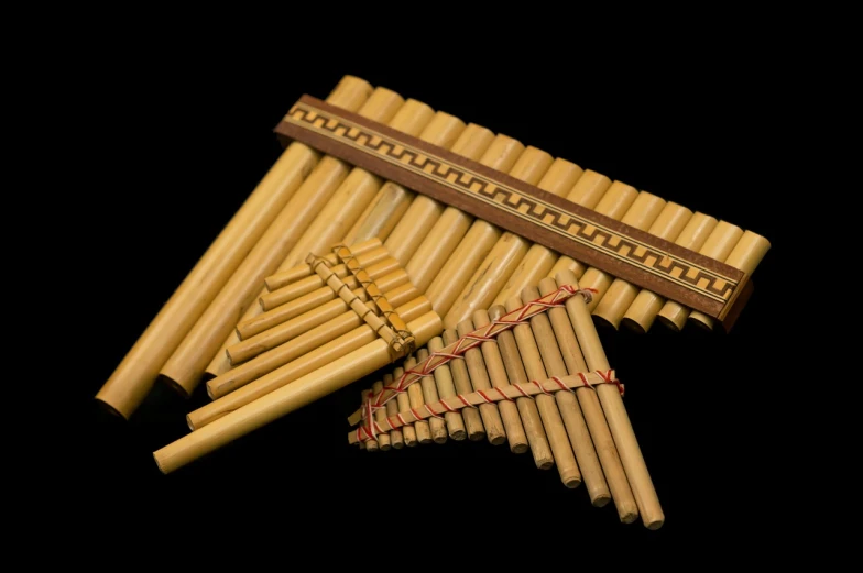 a close up of a pan flute on a black background, inspired by Kawai Gyokudō, flickr, renaissance, knolling, grain”