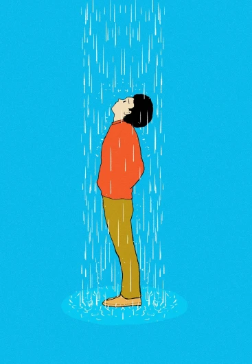 a man that is standing in the rain, a cartoon, inspired by Emiliano Ponzi, conceptual art, joan cornella, soaking wet hair, upsidedown, beijing