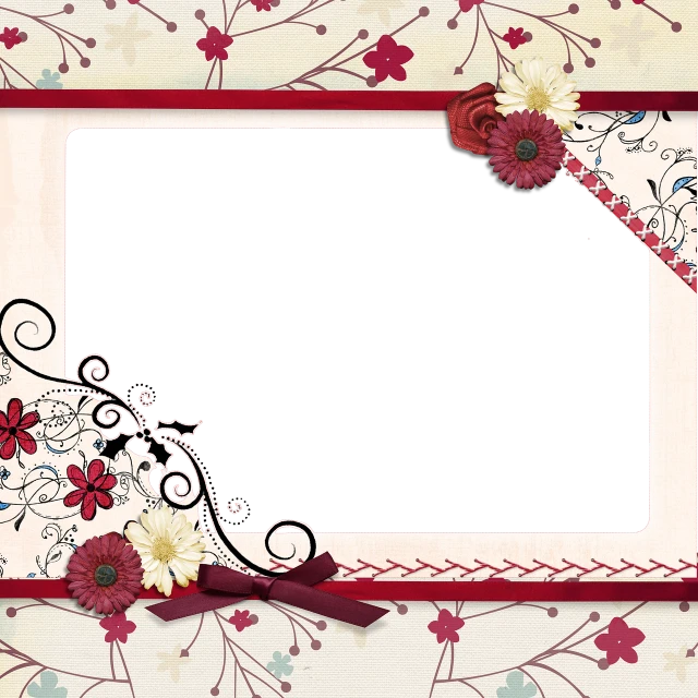 a picture frame with flowers and a ribbon, inspired by Cindy Wright, tumblr, red + black + dark blue + beige, detailed backgrounds, elegant asymmetrical, blackboard