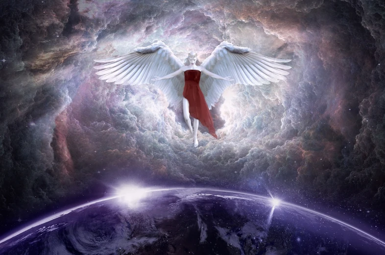 a woman in a red dress is flying above the earth, digital art, pixabay contest winner, angels in white gauze dresses, galactic deity, looking straight forward, heaven!!!!!!!!