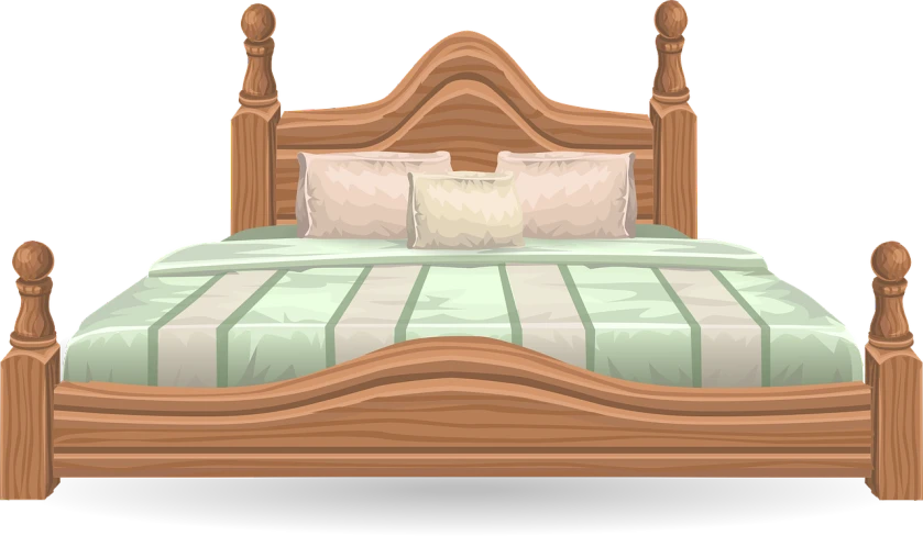 a bed with two pillows on top of it, an illustration of, pixabay, with detailed wood, polished, cartoon style, semi-transparent